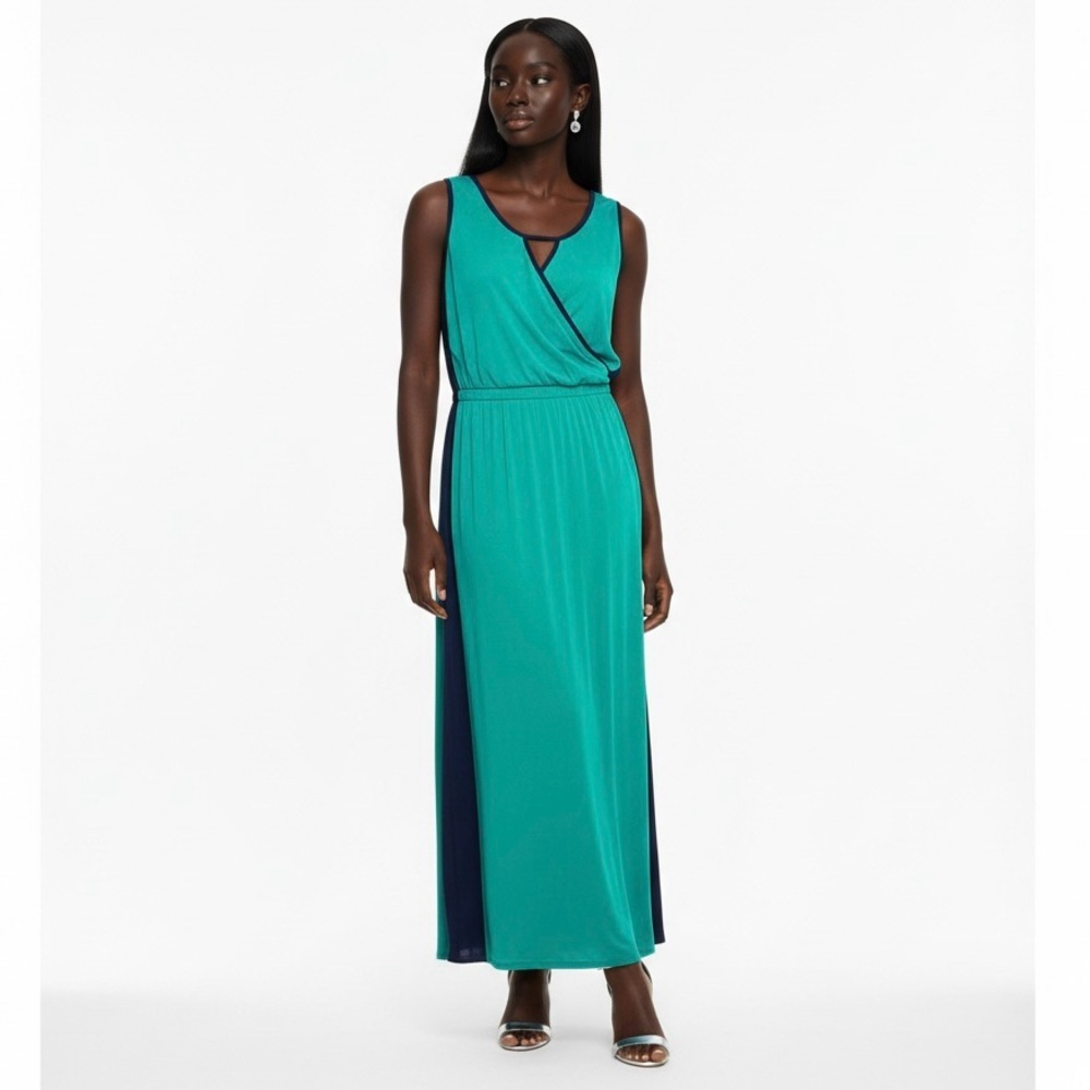 Lilla.P Maxi Dress Sz L Kelly Green Jersey Sleeveless Colorblock Summer Preppy